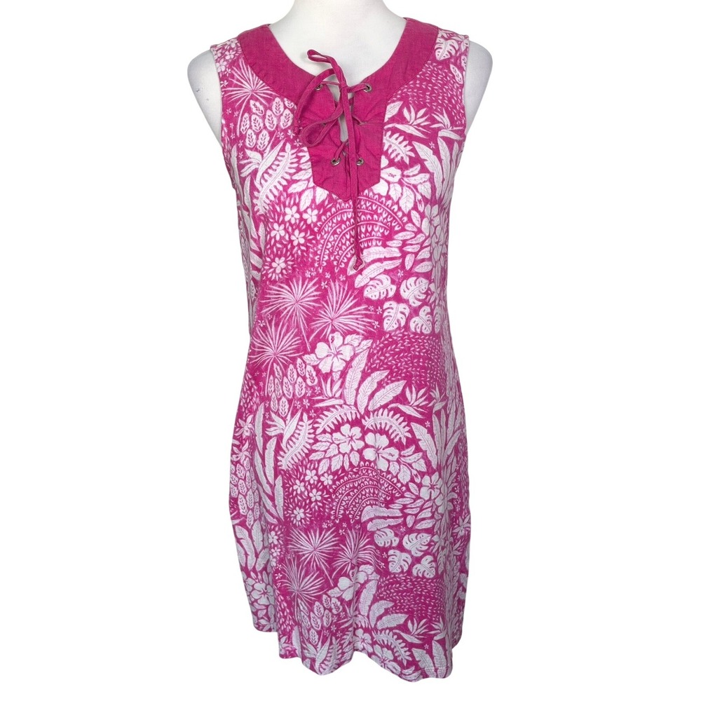 TOMMY BAHAMA Womens XS Pink White Tropical Floral Lace Up Sleeveless Shift Dress